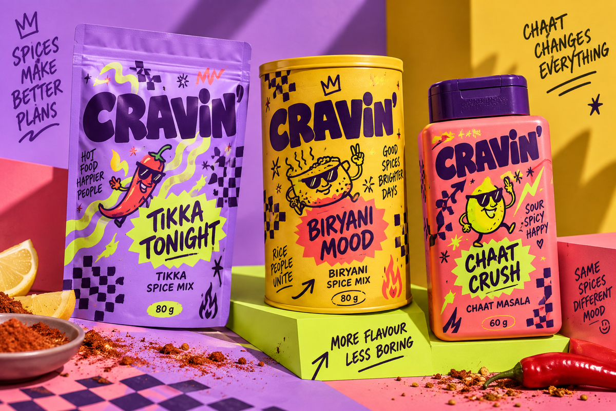 Three colourful CRAVIN spice packs with food mascots and playful patterns